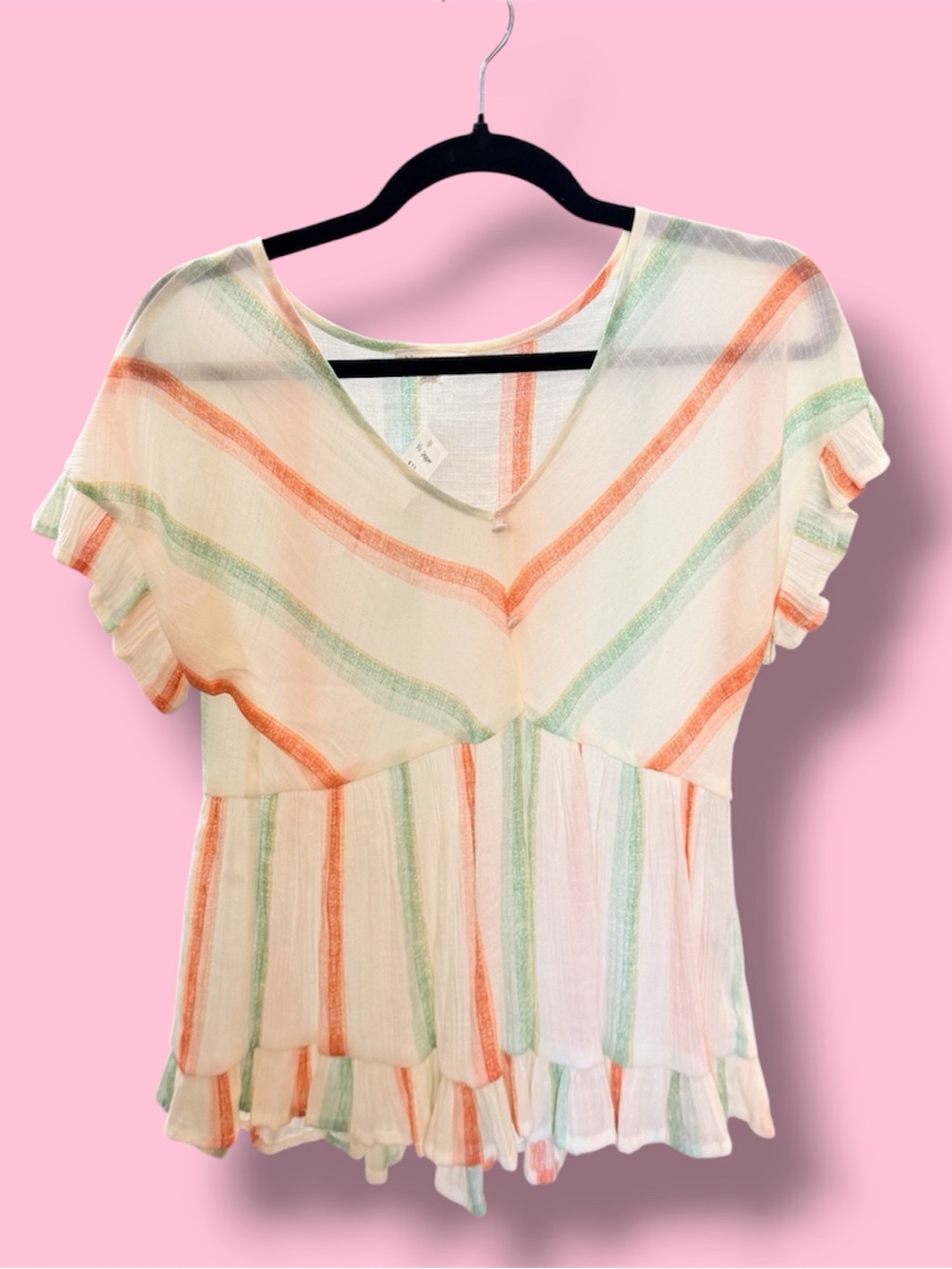 Blu Pepper Cream V-Neck Flutter Sleeve Top with Coral & Mint Stripes #72